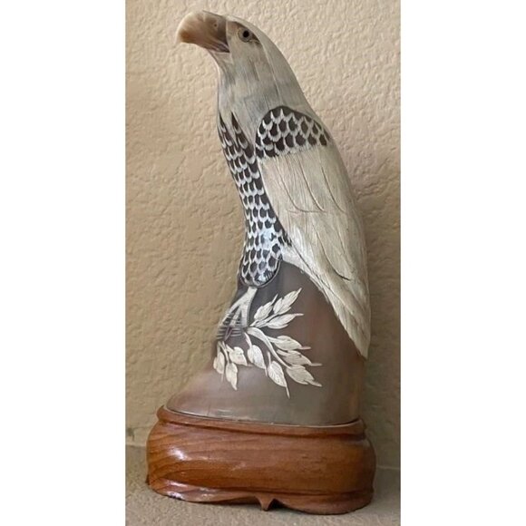 Native American Hand-Carved Water Buffalo Horn Eagle Sculpture Wooden Base - Picture 7 of 8